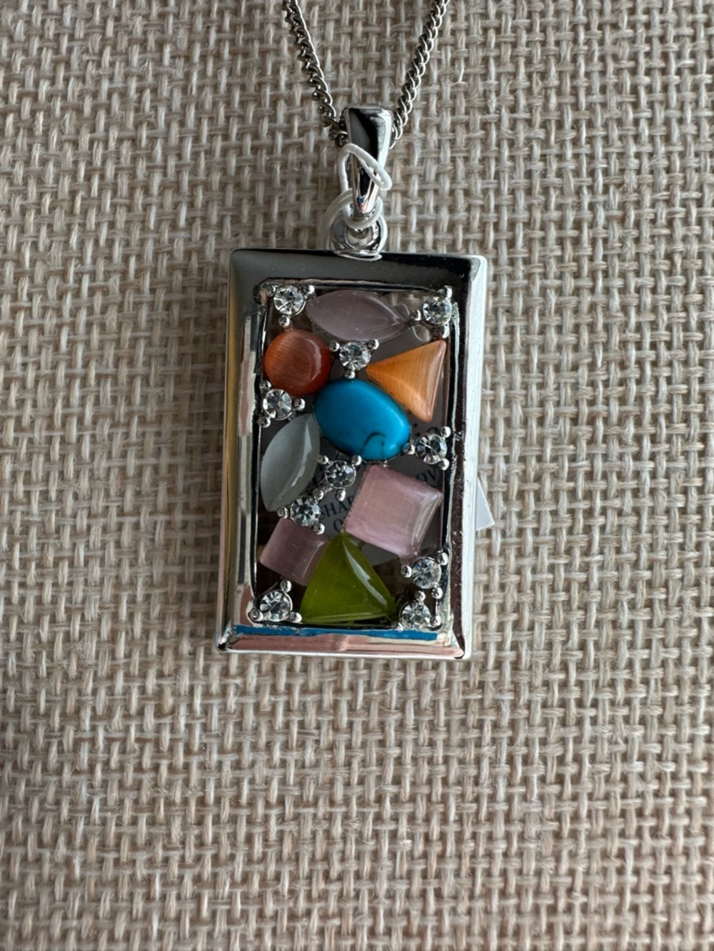 New Vintage Silver Multi-Stone Mosaic Pendant Necklace - Turquoise, Pink & Green